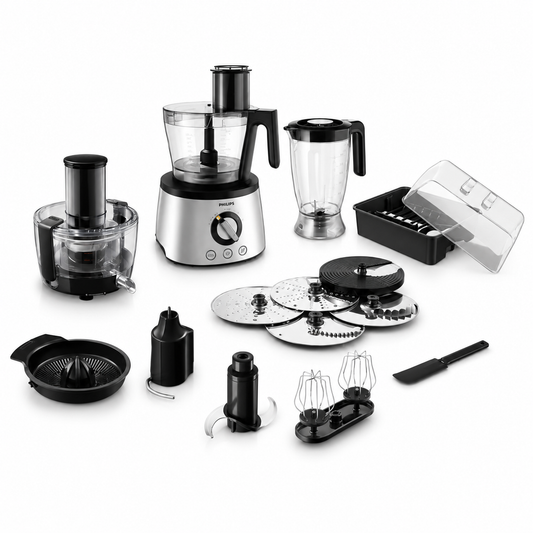 Taghareed Philips 7000 Series Food Processor HR7778/01 with 1300W motor, 3.4L bowl, blender, and multiple accessories.