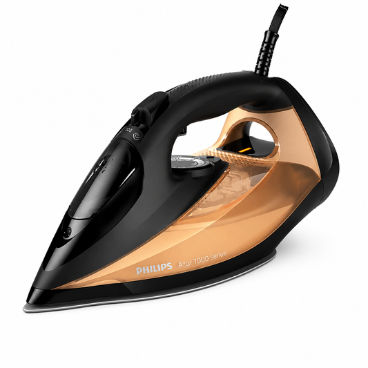 Taghareed Philips 7000 Series steam iron in black and gold with SteamGlide Elite soleplate and 300ml water tank.