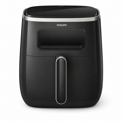 Taghareed Philips Airfryer 3000 Series XL Digital Window HD9257/80, black, 5.6L capacity, 1700W, with transparent cooking window and 7 presets.
