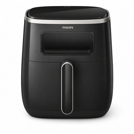 Taghareed Philips Airfryer 3000 Series XL Digital Window HD9257/80, black, 5.6L capacity, 1700W, with transparent cooking window and 7 presets.