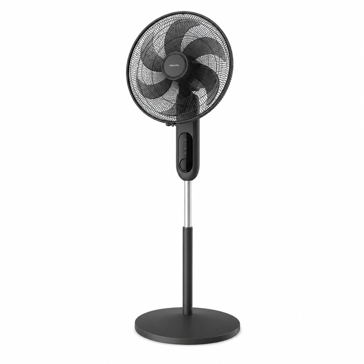 Taghareed Philips Ares 1000 Series pedestal fan, black, with 3 speeds, oscillation, timer, and aroma diffuser. Remote controlled.
