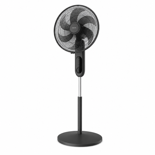 Taghareed Philips Ares 1000 Series pedestal fan, black, with 3 speeds, oscillation, timer, and aroma diffuser. Remote controlled.