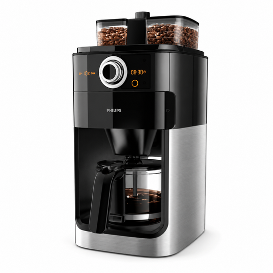 Taghareed Philips Grind & Brew coffee maker with built-in grinder and dual bean container, black and silver