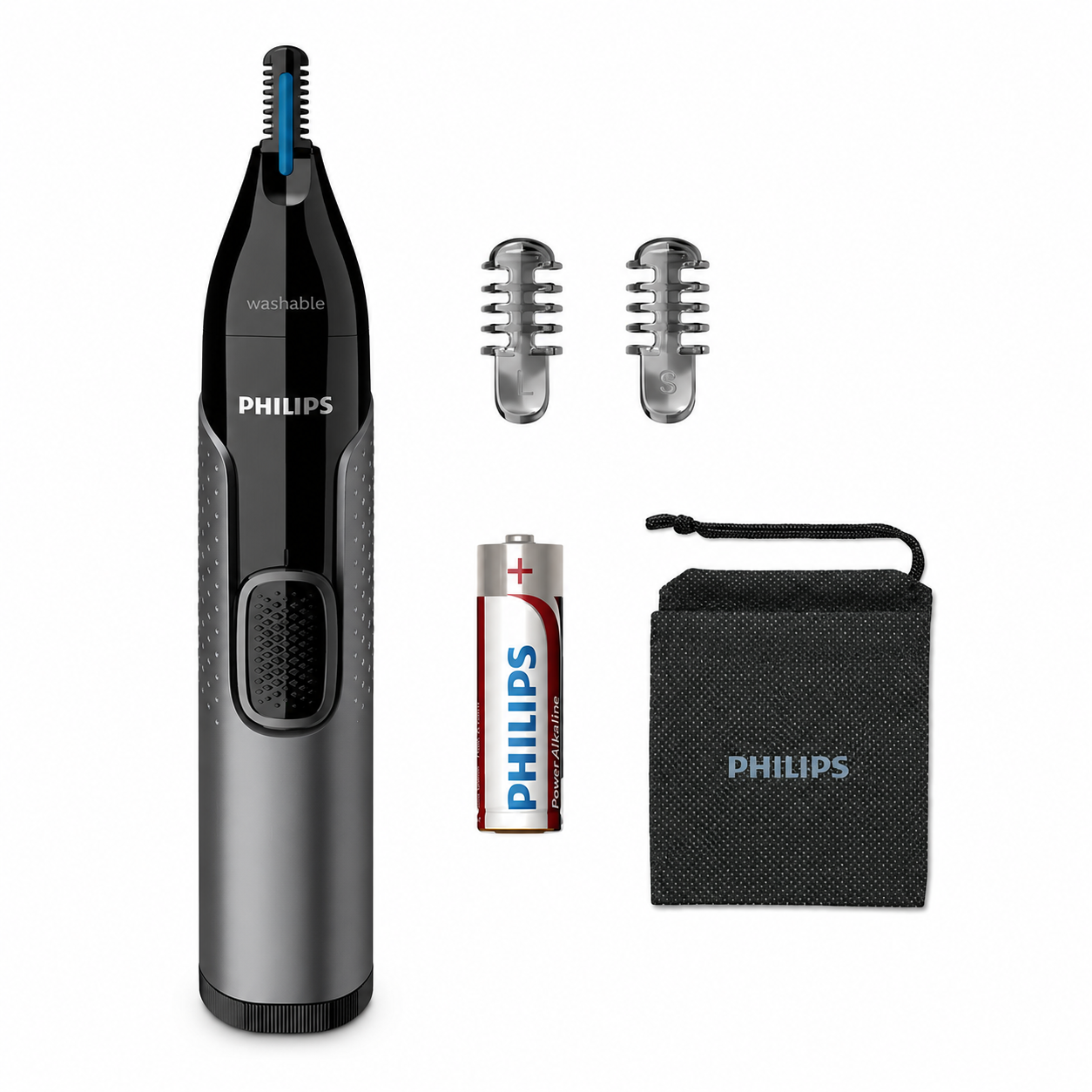 Taghareed Philips Nose Trimmer Series 3000 NT3650/16, black and silver, with PrecisionTrim technology and Protective Guard. Includes AA battery, two eyebrow combs, and storage pouch.