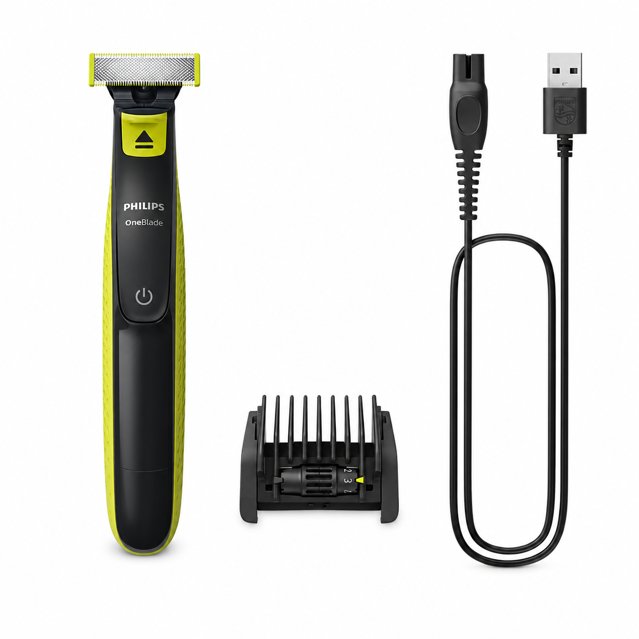 Taghareed Philips OneBlade QP2724/20 electric trimmer with yellow accents, USB charging cable, and 5-in-1 comb attachment.