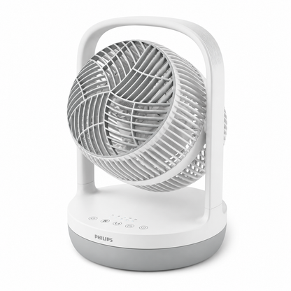 Taghareed Philips Table Fan 2000 Series CX2050/00, white and grey, 3 speeds, 2 modes, 12-hour timer, 180° adjustable head, quiet operation.