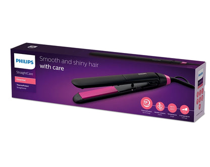 Taghareed StraightCare Essential ThermoProtect hair straightener with black body and pink ceramic plates.