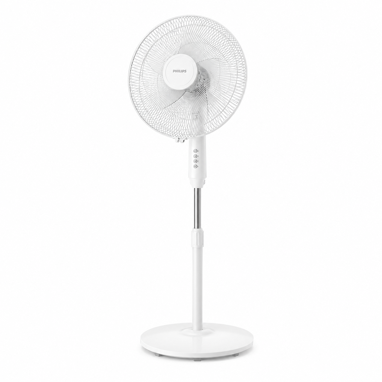 Taghareed white Philips Series 600 pedestal fan with 3 speeds, oscillation, and adjustable height for powerful cooling.