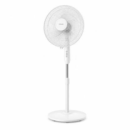 Taghareed white Philips Series 600 pedestal fan with 3 speeds, oscillation, and adjustable height for powerful cooling.