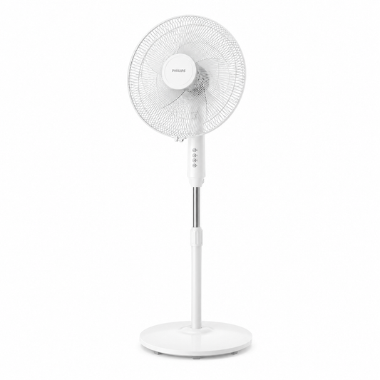 Taghareed white Philips Series 600 pedestal fan with 3 speeds, oscillation, and adjustable height for powerful cooling.