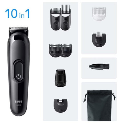 Braun All-in-One Style Kit Series 3 3560, a black cordless trimmer with multiple attachments for beard, hair, nose, and ear trimming.