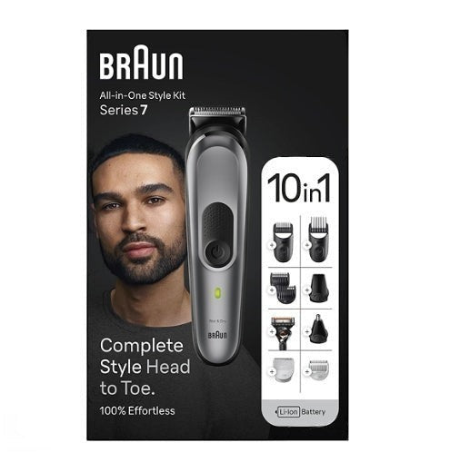 Braun All-in-One Style Kit Series 7 MGK7420, a 10-in-1 grooming set with attachments for beard, head, body, ear, and nose trimming. Features AutoSense technology and a Li-Ion battery.