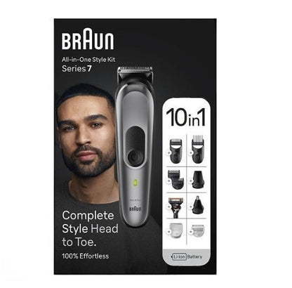 Braun All-in-One Style Kit Series 7 MGK7420, a 10-in-1 grooming set with attachments for beard, head, body, ear, and nose trimming. Features AutoSense technology and a Li-Ion battery.