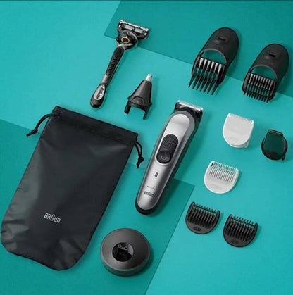 Braun All-in-One Style Kit Series 7 MGK7420 grooming set with trimmer, Gillette razor, nose trimmer, and multiple attachments.