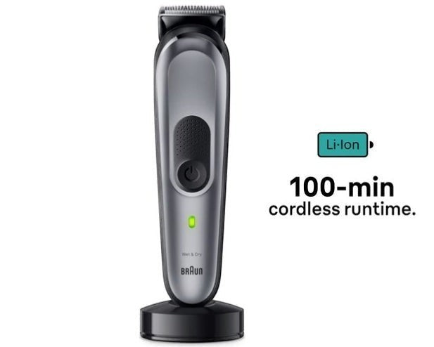 Braun Series 7 MGK7420 all-in-one trimmer with Li-Ion battery, 100-min runtime, wet & dry use.