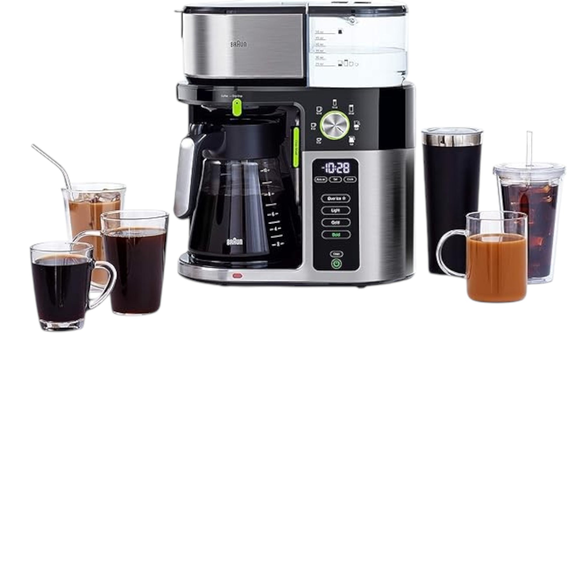 Braun BrewSense Drip Coffee Maker in black and stainless steel with a glass carafe and multiple beverage options displayed.