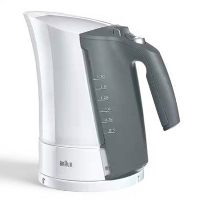 Braun electric kettle in white and grey with a 1.7L capacity and dual water level indicators.