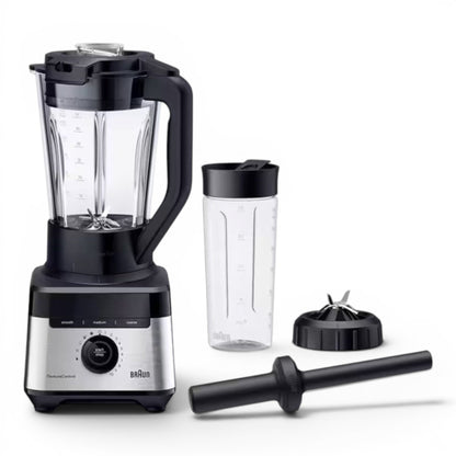 Braun PowerBlend 7 jug blender with 2L glass jar, Smoothie2Go cup, and blade assembly. Black and silver.