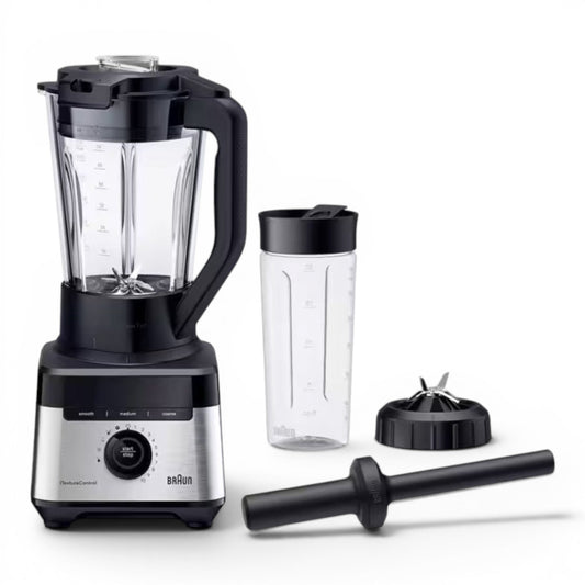 Braun PowerBlend 7 jug blender with 2L glass jar, Smoothie2Go cup, and blade assembly. Black and silver.