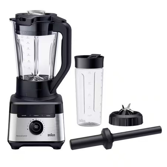 Braun PowerBlend 7 jug blender with 2L glass jar, Smoothie2Go cup, and blade assembly. Black and silver.