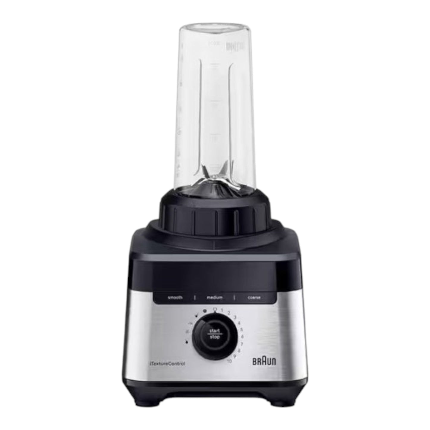 Braun PowerBlend 7 jug blender with stainless steel base, black accents, and a clear 2L glass jug. Features iTextureControl and 10 speeds.