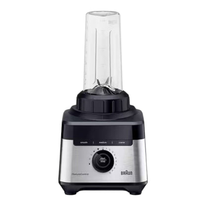 Braun PowerBlend 7 jug blender with stainless steel base, black accents, and a clear 2L glass jug. Features iTextureControl and 10 speeds.