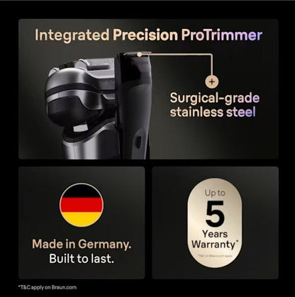 Braun Series 9 Pro+ electric shaver with integrated Precision ProTrimmer made of surgical-grade stainless steel. Silver.