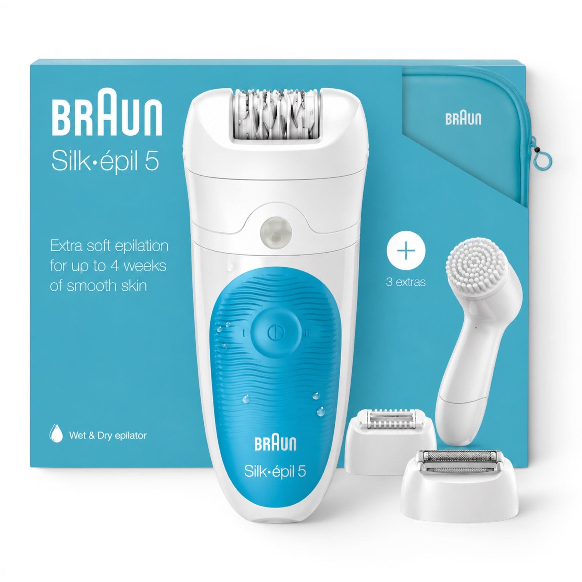 Braun Silk-épil 5 Wet & Dry epilator with 28 tweezers, massage rollers, and 3 attachments. White and blue.