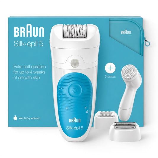 Braun Silk-épil 5 Wet & Dry epilator with 28 tweezers, massage rollers, and 3 attachments. White and blue.