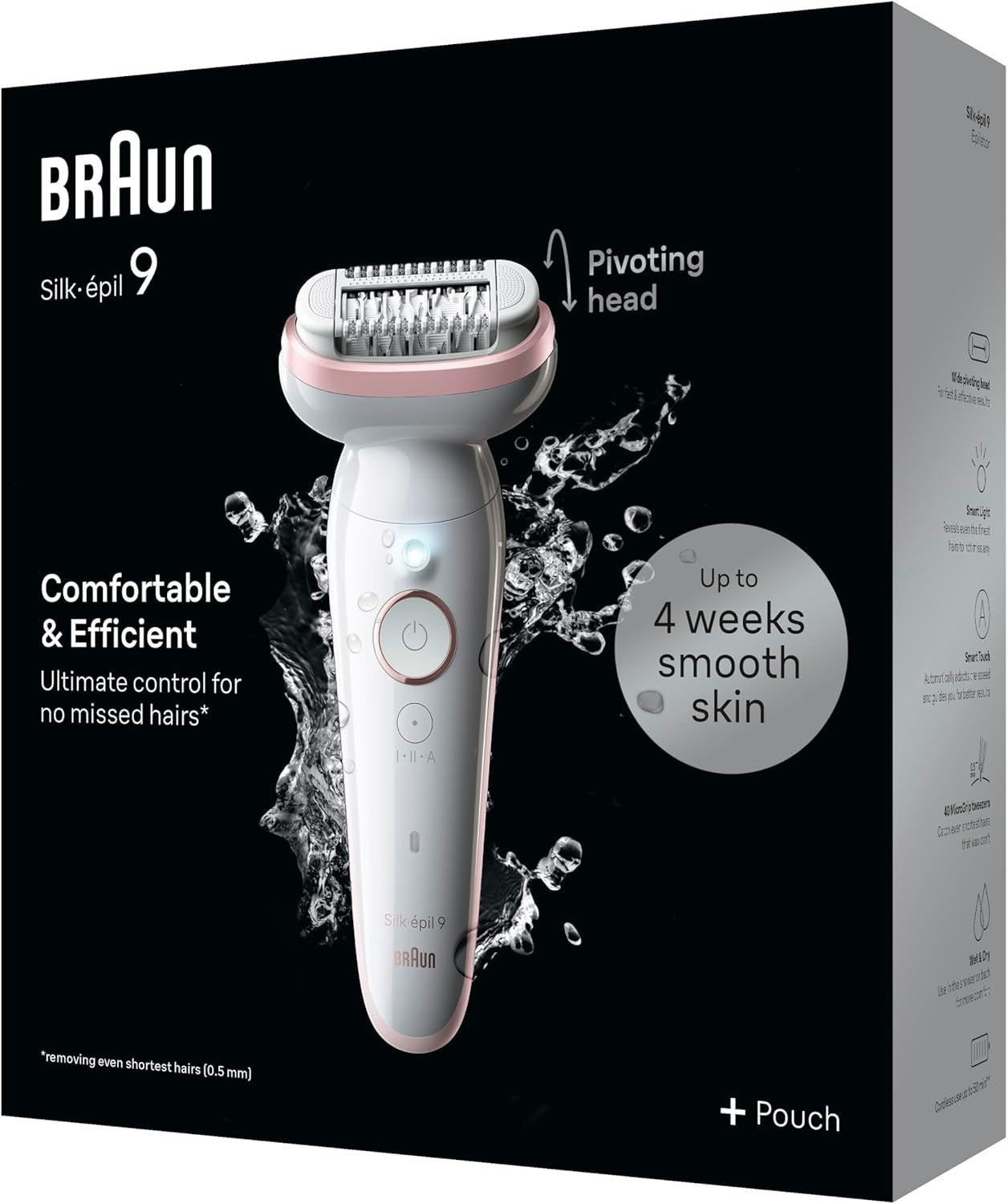 Braun Silk-épil 9 epilator, white with pink accents, features a pivoting head and Smartlight for efficient hair removal. Up to 4 weeks smooth skin.