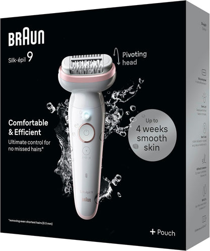 Braun Silk-épil 9 epilator, white with pink accents, features a pivoting head and Smartlight for efficient hair removal. Up to 4 weeks smooth skin.