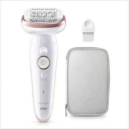 Braun Silk-épil 9 epilator in white with rose gold accents, includes cleaning brush and travel case.