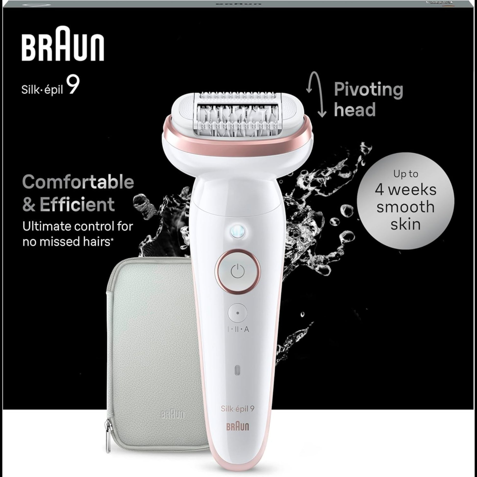 Braun Silk-épil 9 epilator in white with rose gold accents, featuring a pivoting head and a travel case. Offers up to 4 weeks of smooth skin.
