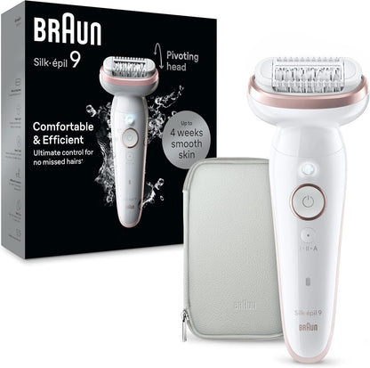 Braun Silk-épil 9 epilator in white with rose gold accents, featuring a pivoting head and smartlight. Includes a travel case.