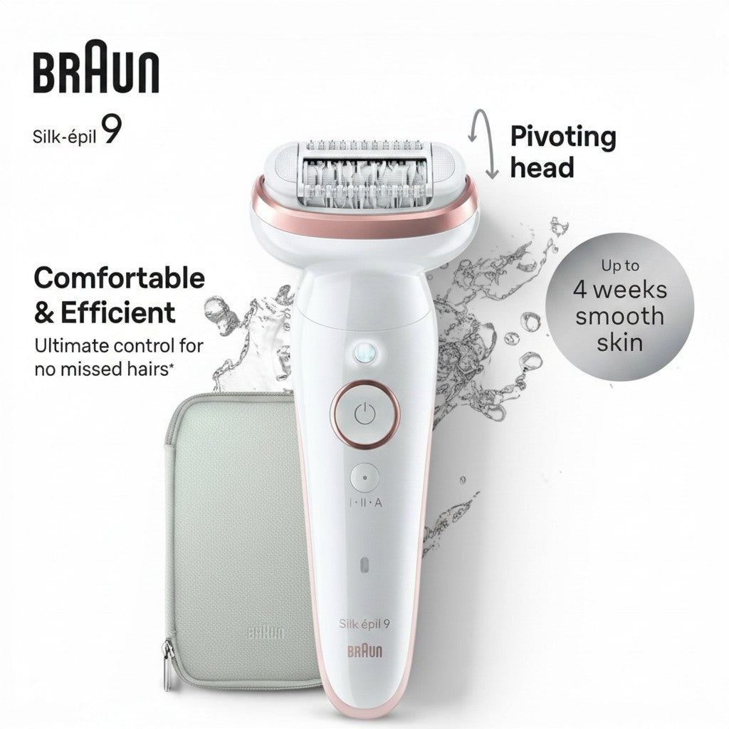 Braun Silk-épil 9 epilator, white with rose gold accents, featuring a pivoting head and a travel case. Offers up to 4 weeks of smooth skin.