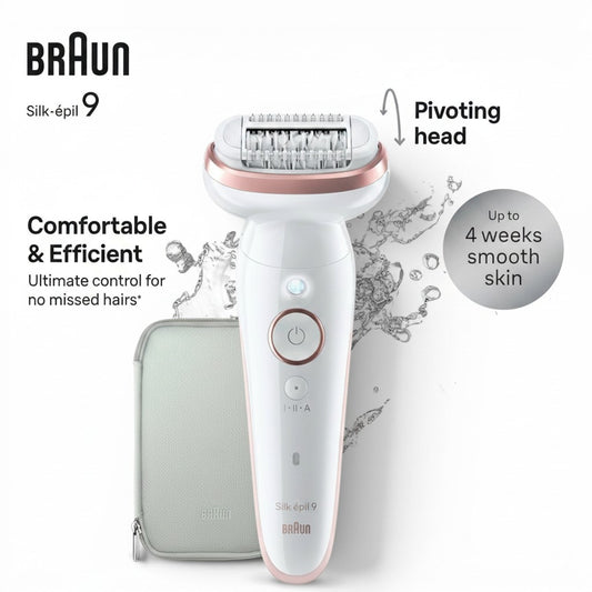 Braun Silk-épil 9 epilator, white with rose gold accents, featuring a pivoting head and a travel case. Offers up to 4 weeks of smooth skin.