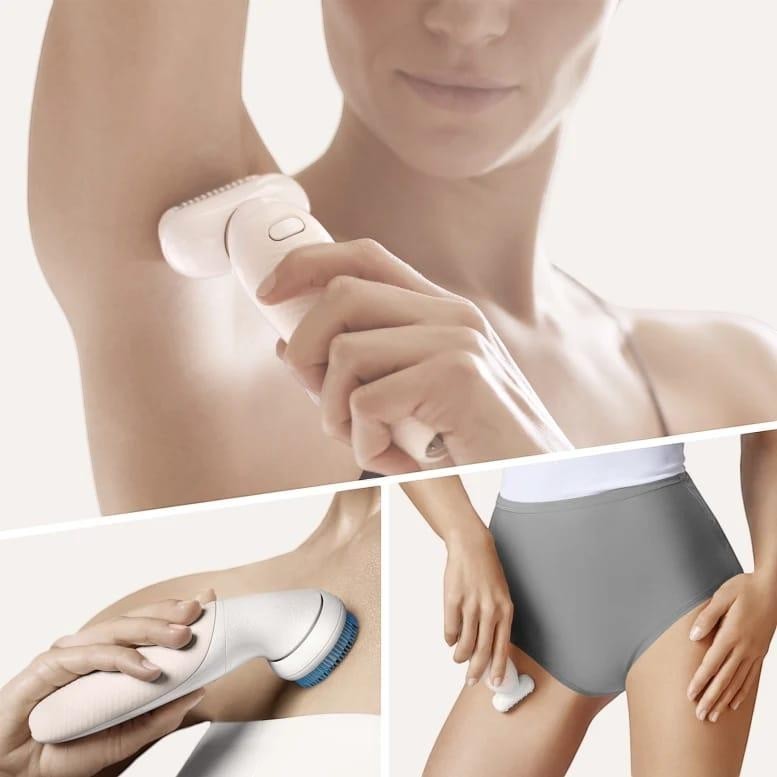 Braun Silk-épil 9 Flex epilator with flexible head, used on underarm. Includes exfoliating brush and leg epilation.
