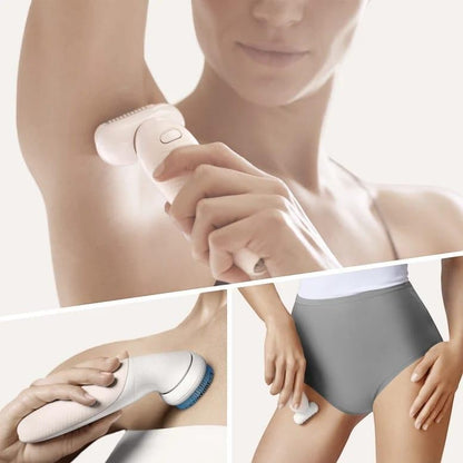 Braun Silk-épil 9 Flex epilator with flexible head, used on underarm. Includes exfoliating brush and leg epilation.