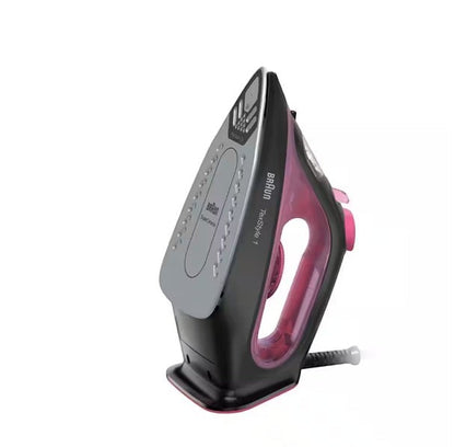Braun TexStyle 1 steam iron with a black and pink body and a SuperCeramic soleplate.