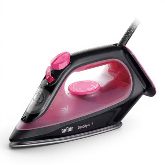 Braun TexStyle 1 steam iron in black and pink with a SuperCeramic soleplate and 2000W power for daily ironing.