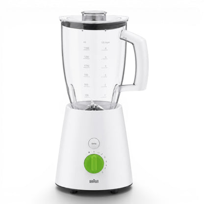 Braun TributeCollection white jug blender with a 2L BPA-free plastic jug, 800W motor, 5 speeds, and turbo function. Features a unique triangular jug for optimal blending.