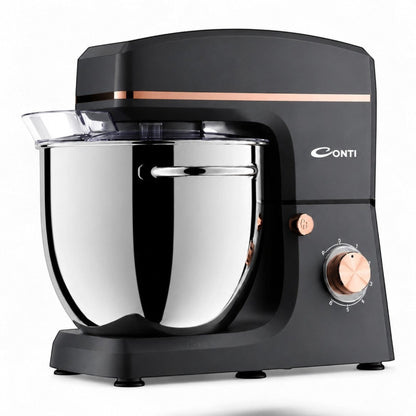 CONTI KM 102001 GR black kitchen mixer with 10L stainless steel bowl and rose gold accents. 2000W, 6 speeds + pulse.