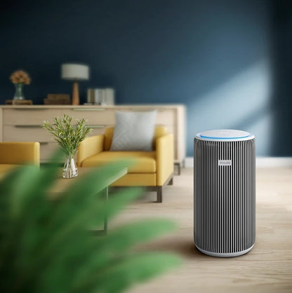 Philips PureProtect 3200 Series AC3220/10 air purifier with Double Fan technology and HEPA filter, in a modern living room.