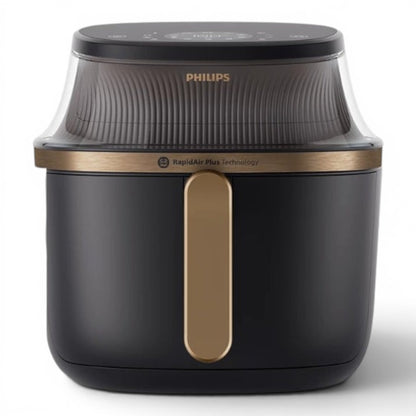 Philips Airfryer 3000 Series XL NA332/09 in black with gold accents, featuring Rapid Air Plus technology and a 6.2L capacity.