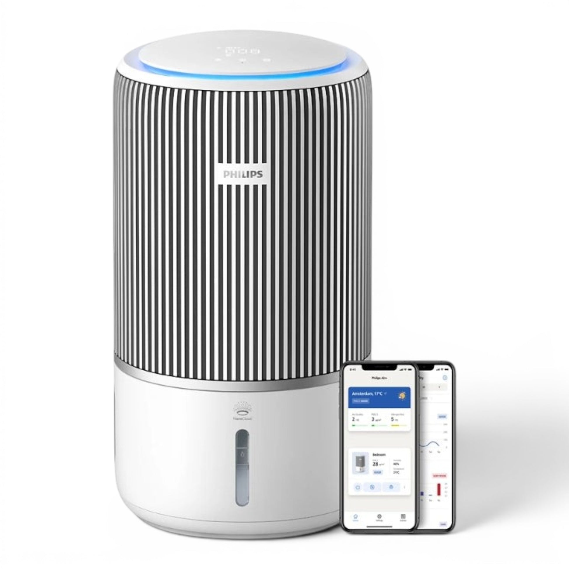 Philips PureProtect Water 3400 Series air purifier and humidifier with black and white striped body and smart app control.