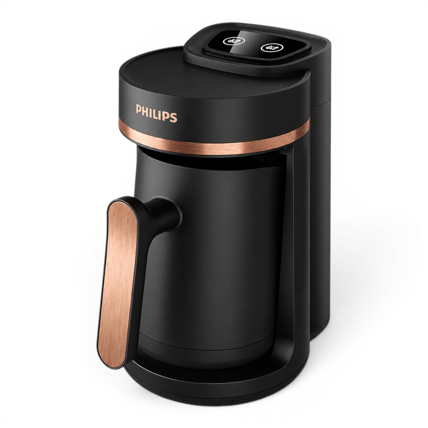 Philips 5000 Series Turkish coffee maker in black with copper accents. Features touch controls and a slow brew option.