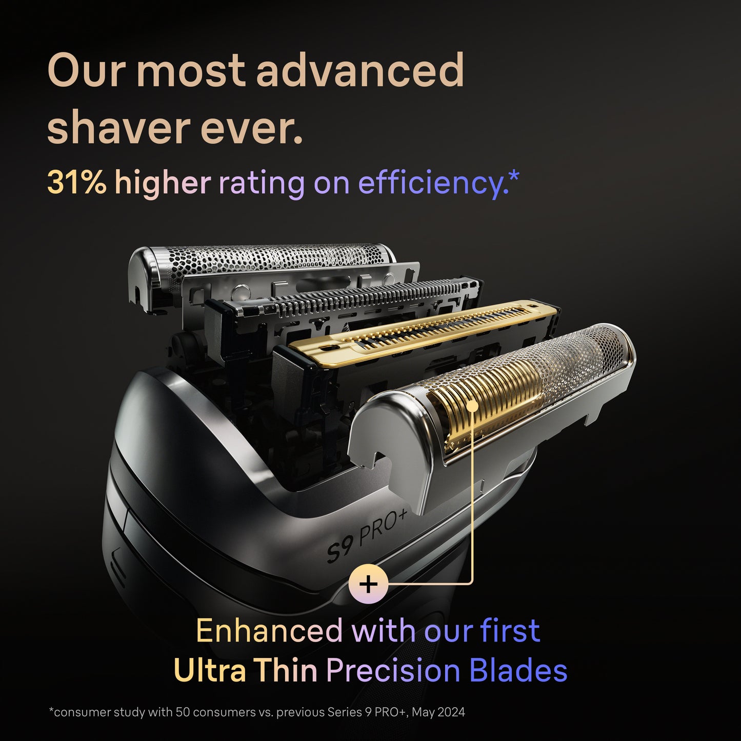 Shaver with text highlighting advanced features and efficiency rating on a dark background