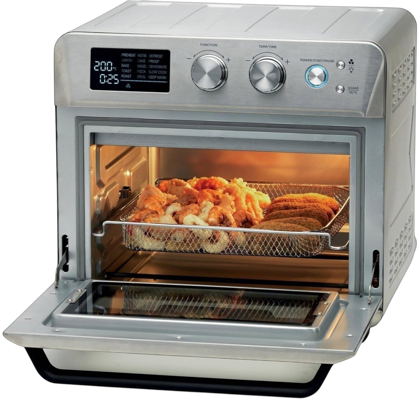 Taghareed 25L 1700W stainless steel 2-in-1 air fryer oven with digital display and 15 cooking programs, loaded with food.