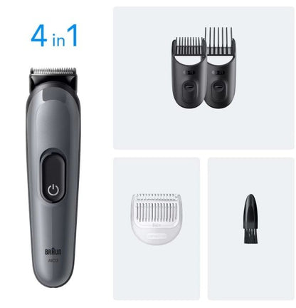 Braun All-in-One Style Kit Series 3 3500, 4-in-1 grooming tool with trimmer, adjustable combs, and cleaning brush.