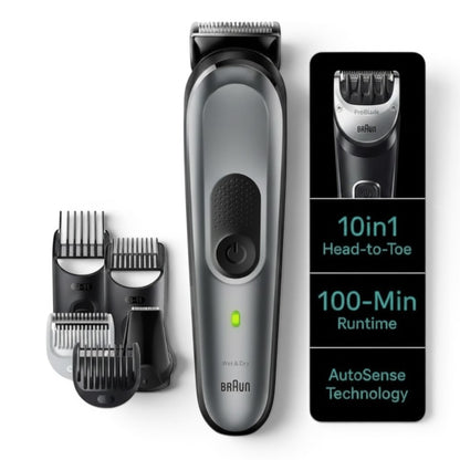 Braun All-in-One Style Kit Series 7 MGK7420 trimmer with multiple attachments, 10-in-1 head-to-toe grooming, 100-min runtime, AutoSense technology.